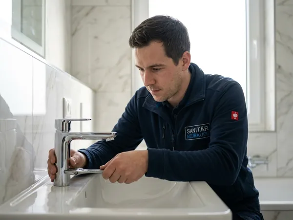 Stefan Neubauer montiert eine Chrom-Armatur im Badezimmer