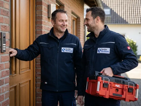 Andreas und Stefan Neubauer als Notdienst mit Werkzeugkoffer an der Haustür