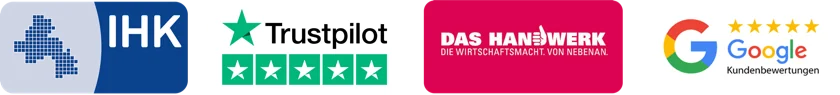 Zertifizierungen: IHK-Meisterbetrieb, DVGW-zertifiziert, ISO 9001, SHK-Innung
